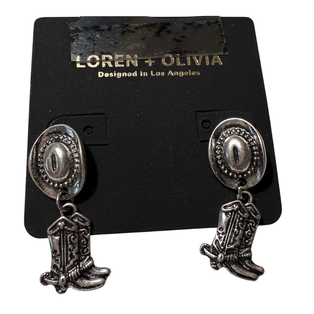 Loren +‎ Olivia Silver Cowboy Hat Boot Western Dangle Earrings Cowgirl New